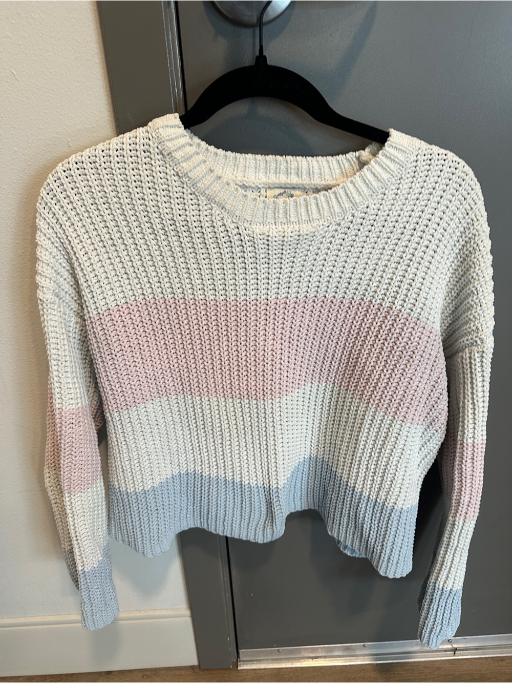 Color Block Knit Sweater in White, Pink & Blue